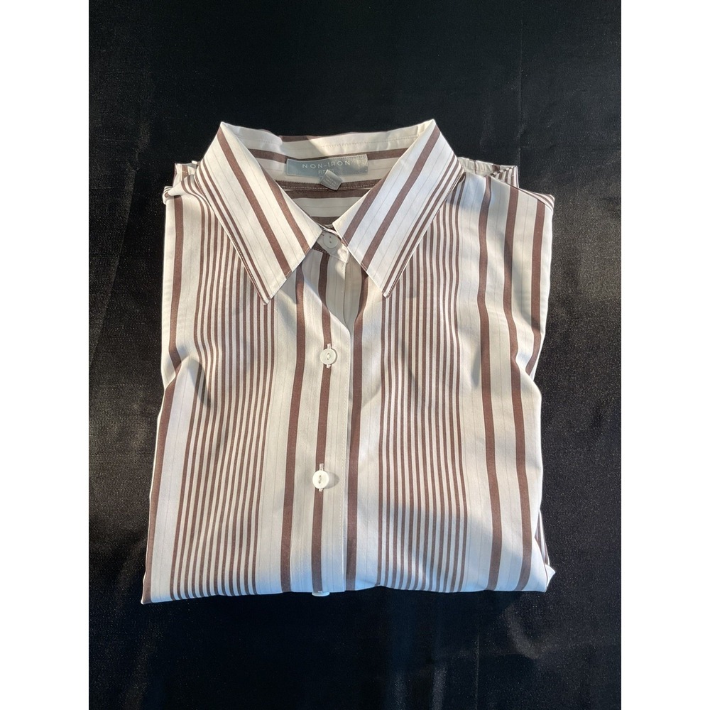 Foxcroft Non-Iron Fitted Striped Button Down Shirt Brown White Womens Size 10